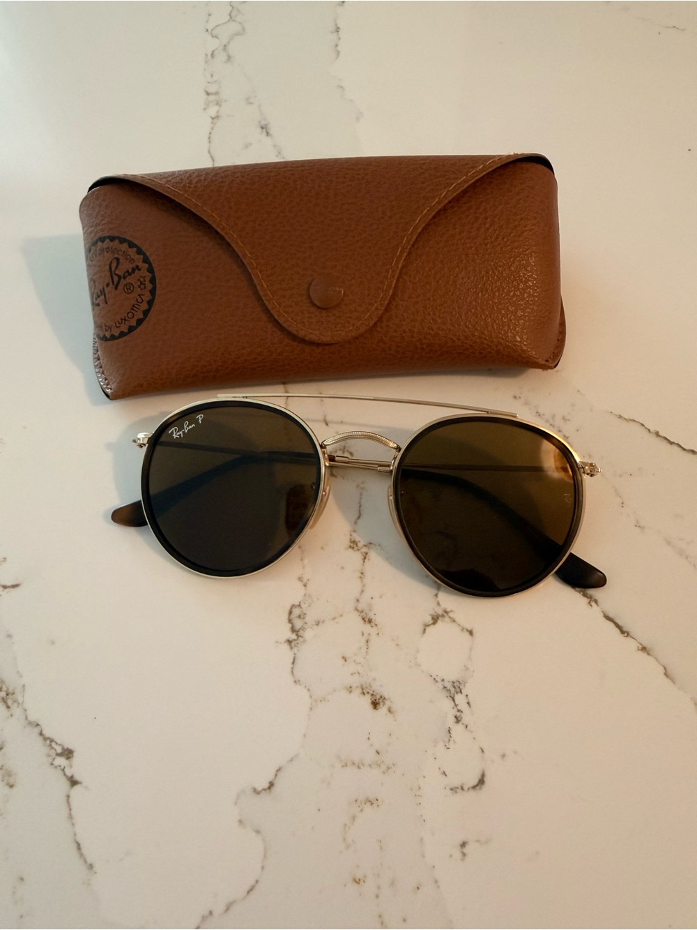Ray-Ban Round Polarized Metal Sunglasses in Brown and Gold